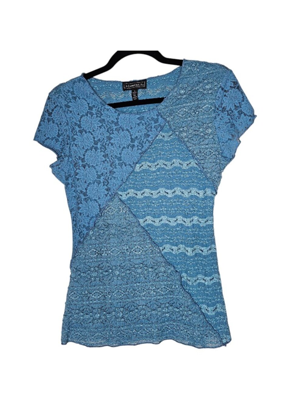 Elementz Y2K Size Small Blue Baby Tee Fairycore Patchwork Floral Lace Textured